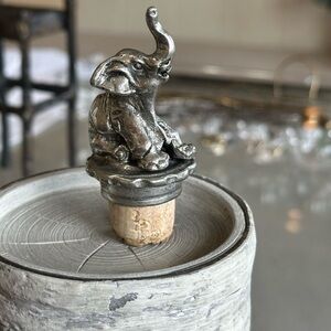 Pewter Cork wine bottle stopper. Elephant with trunk up for good luck